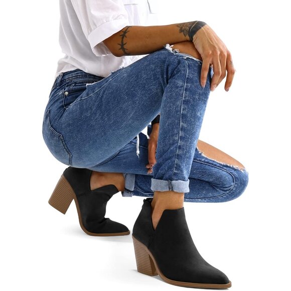 Mysoft Women's Black Nubuck Pu Chunky Mid Heel Slip on Toe Stacked Ankle Boots - Picture 4 of 7